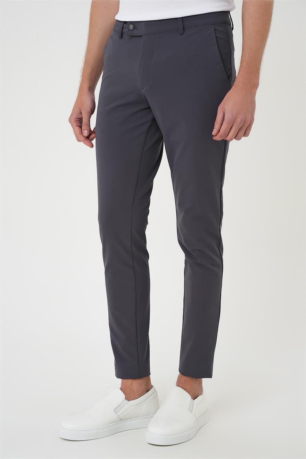 P 1144 Slim Fit Yan Cepli Düz Esnek Casuel Koyu Füme Pantolon