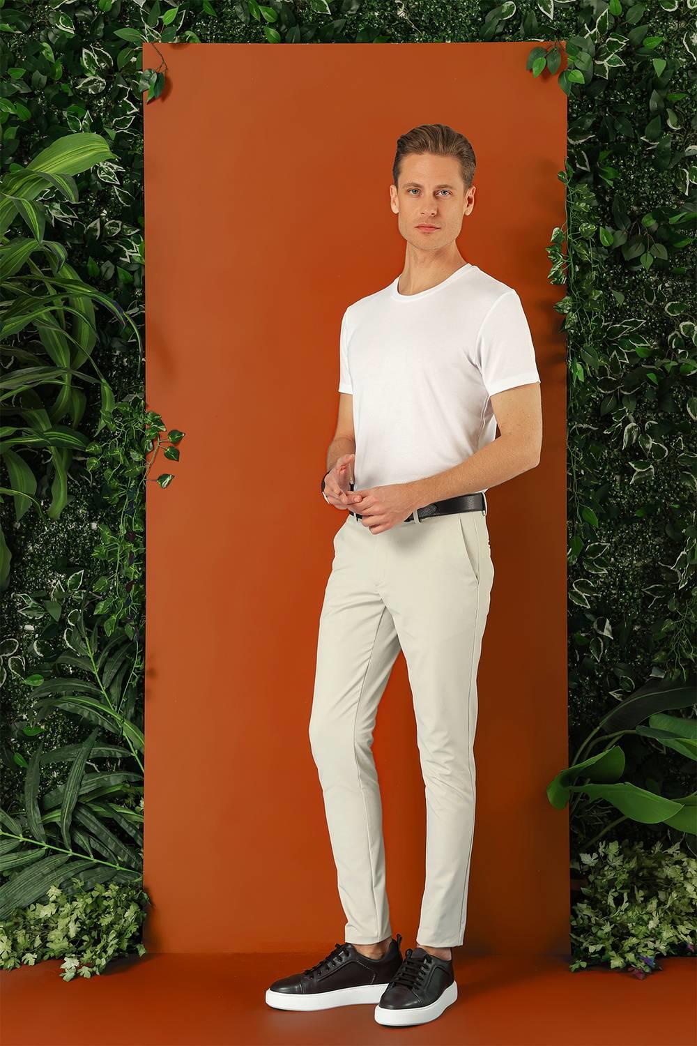 P 1144 Slim Fit Yan Cepli Düz Esnek Casuel Taş Pantolon
