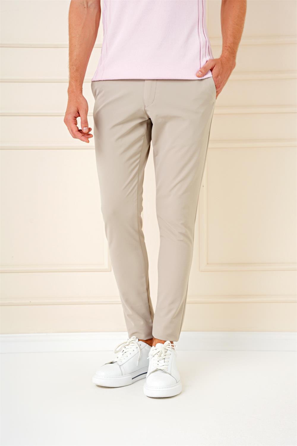 P 1144 Slim Fit Yan Cepli Düz Esnek Casuel Koyu Bej Pantolon
