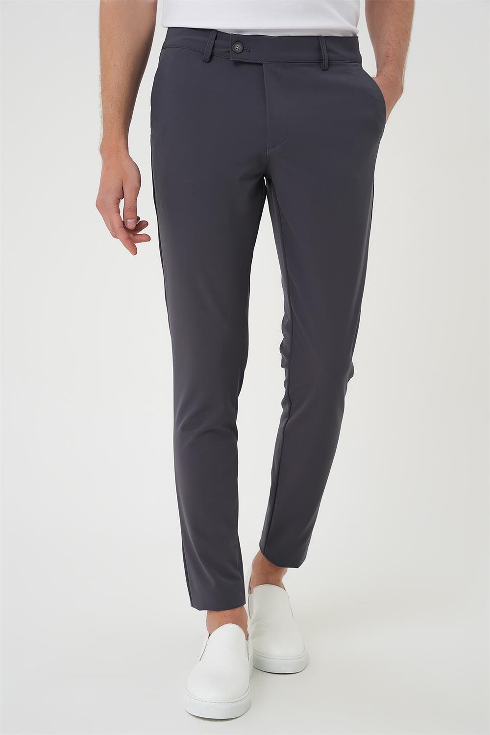P 1144 Slim Fit Yan Cepli Düz Esnek Casuel Koyu Füme Pantolon