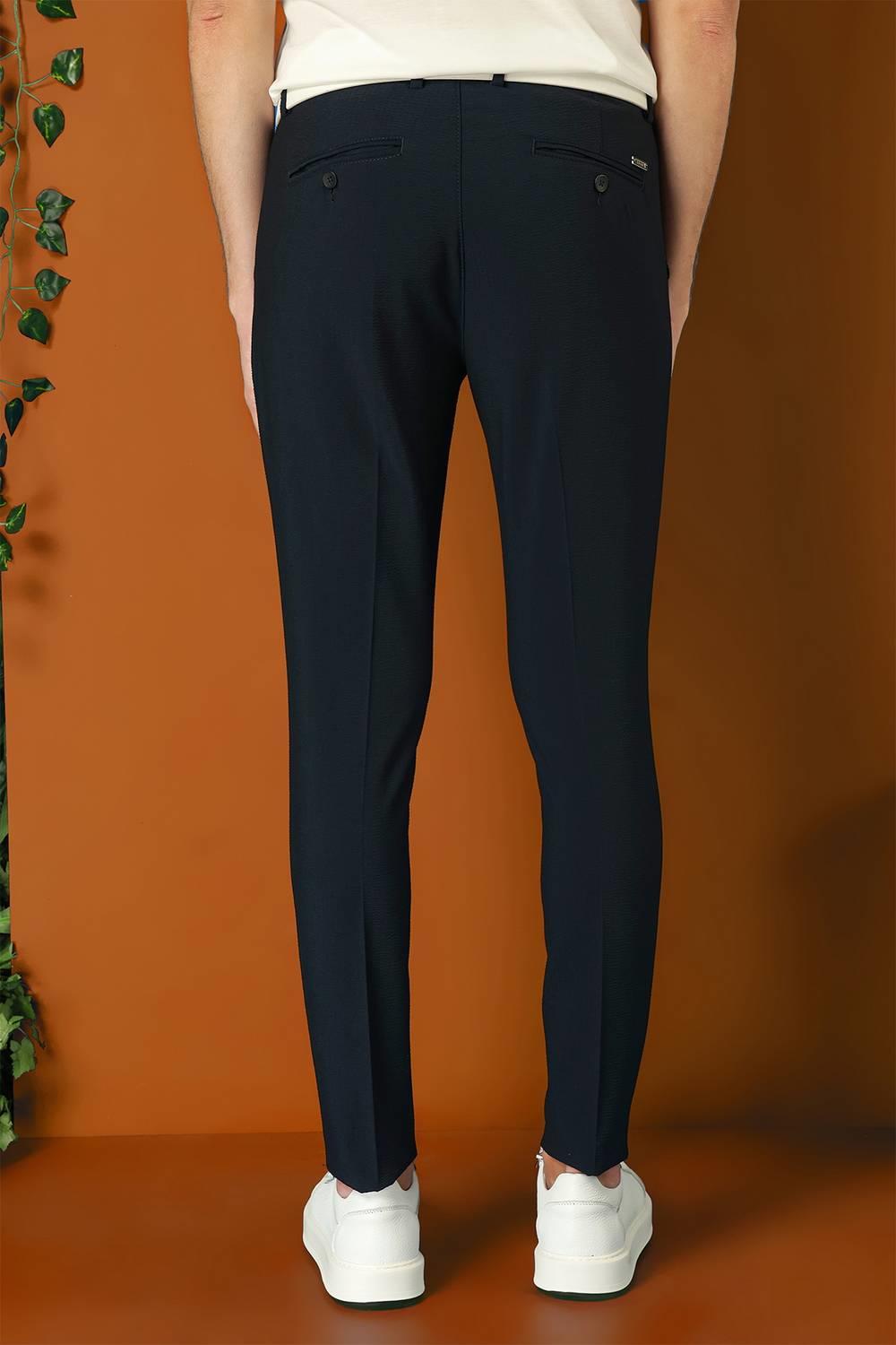 P 1148 Comfort Fit Gofre Kumaş Pileli Pamuk Casuel Lacivert Pantolon
