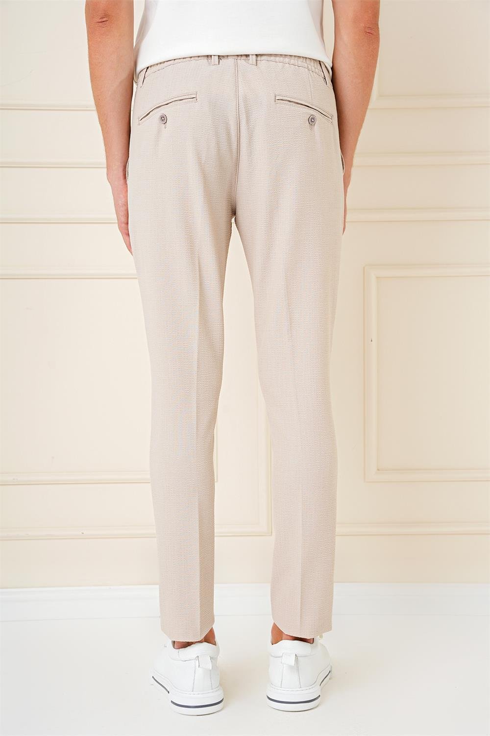 P 1148 Comfort Fit Gofre Kumaş Pileli Pamuk Casuel Koyu Bej Pantolon