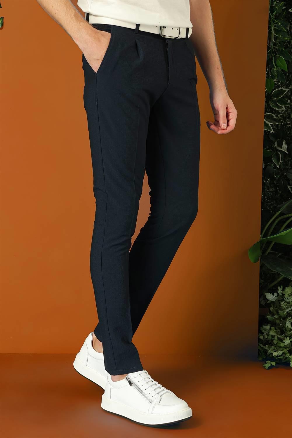 P 1148 Comfort Fit Gofre Kumaş Pileli Pamuk Casuel Lacivert Pantolon