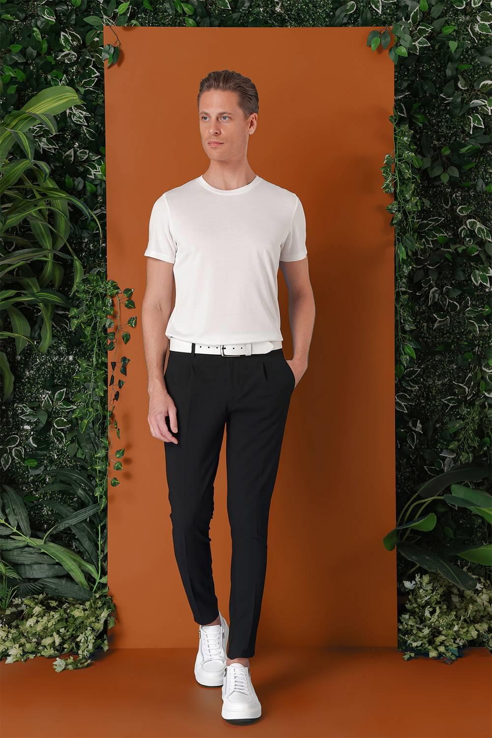 P 1148 Comfort Fit Gofre Kumaş Pileli Pamuk Casuel Siyah Pantolon