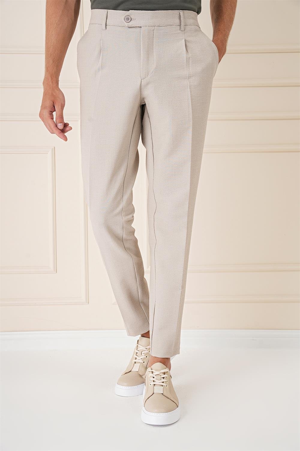 P 1148 Comfort Fit Gofre Kumaş Pileli Pamuk Casuel Bej Pantolon