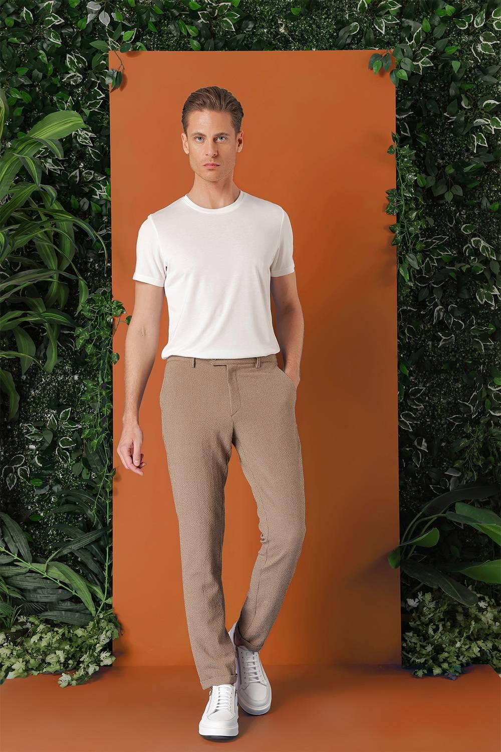 P 1149 Comfort Fit Beli Lastikli Pötikareli Casuel Bej Pantolon
