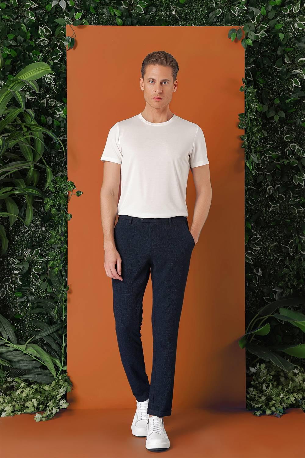 P 1149 Comfort Fit Beli Lastikli Pötikareli Casuel Lacivert Pantolon