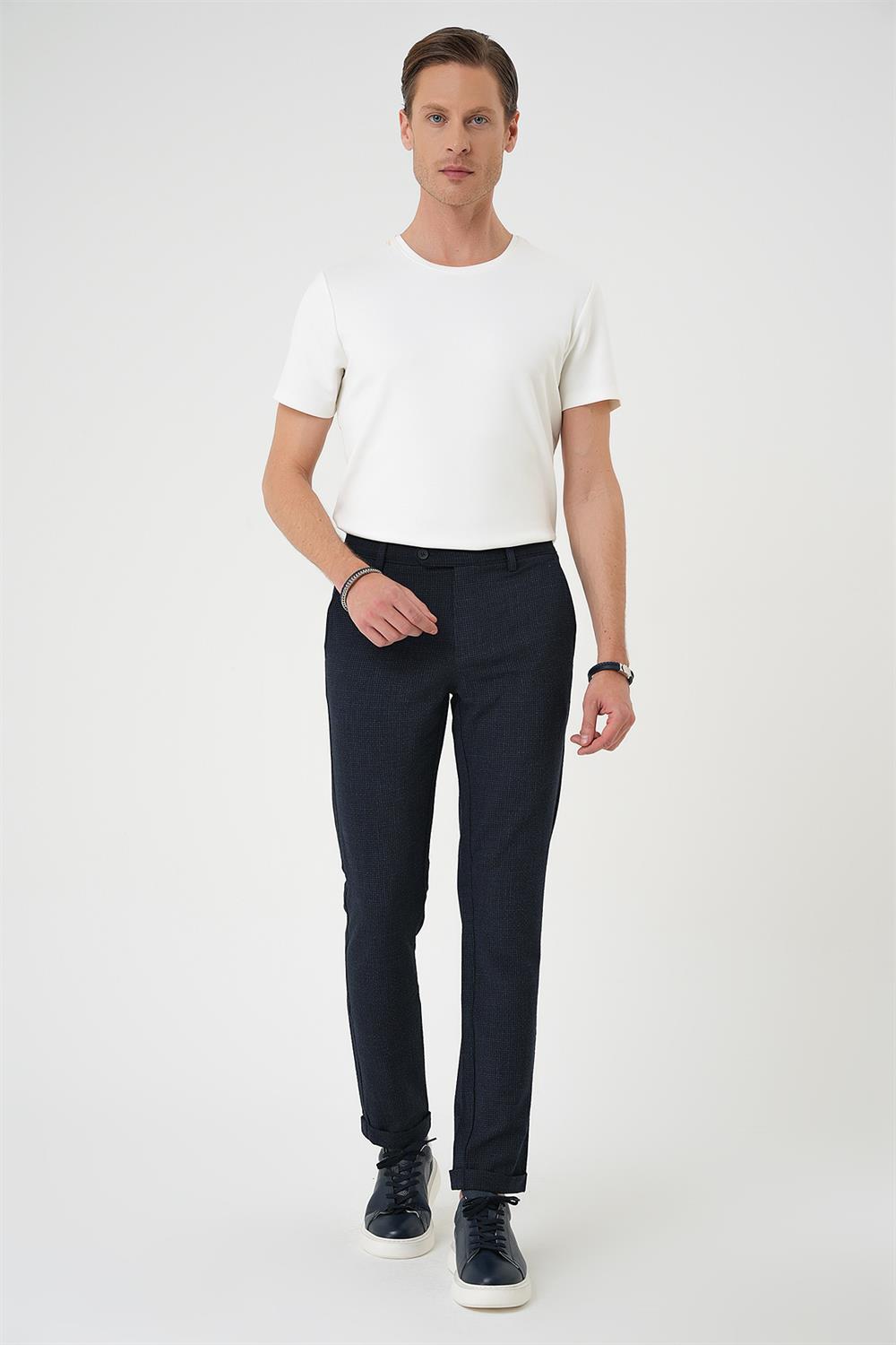 P 1149 Comfort Fit Beli Lastikli Pötikareli Casuel Lacivert 2 Pantolon