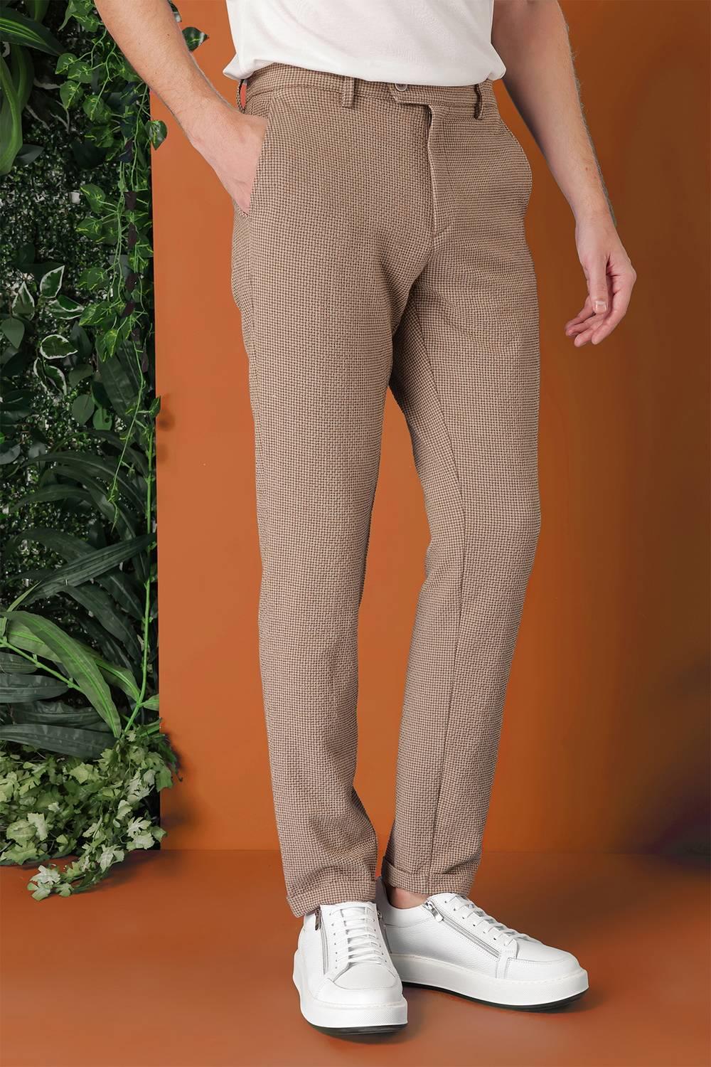 P 1149 Comfort Fit Beli Lastikli Pötikareli Casuel Bej Pantolon
