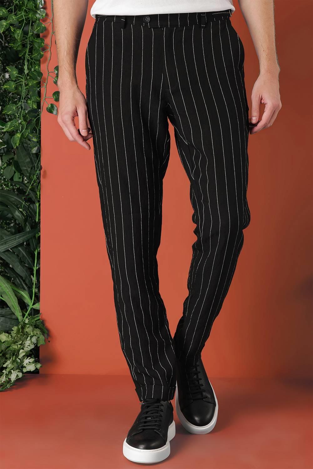 P 1151 Comfort Fit Yandan Tokalı Çizgili Keten Casuel Siyah Pantolon