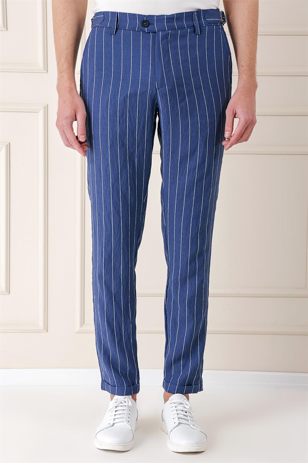 P 1151 Comfort Fit Yandan Tokalı Çizgili Keten Casuel İndigo Pantolon