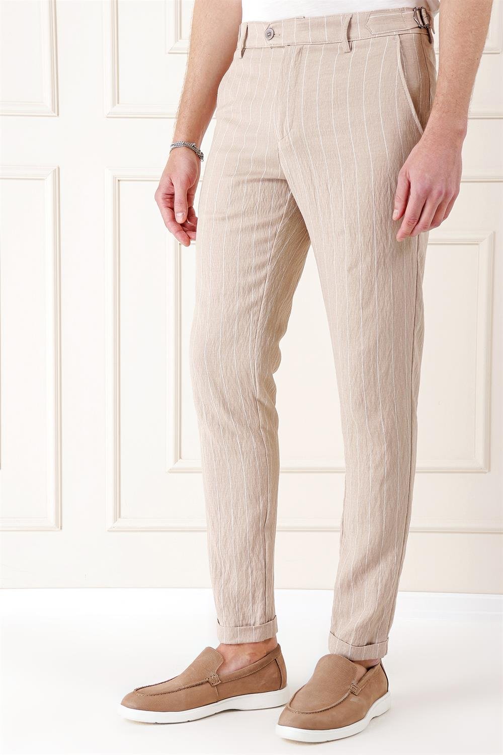 P 1151 Comfort Fit Yandan Tokalı Çizgili Keten Casuel Bej Pantolon