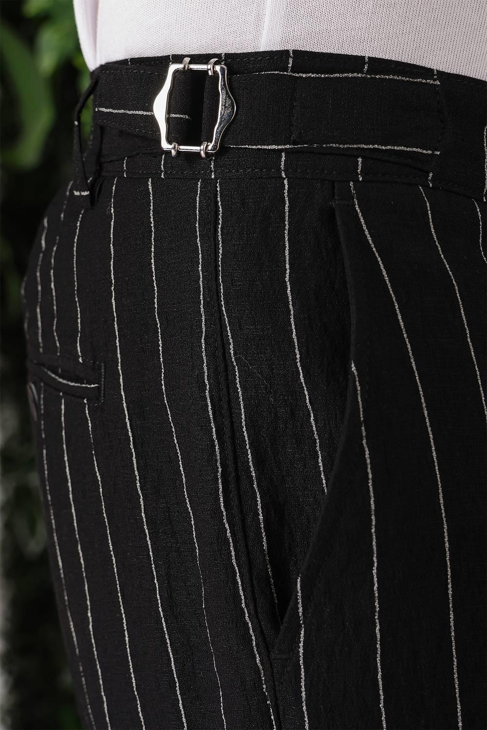 P 1151 Comfort Fit Yandan Tokalı Çizgili Keten Casuel Siyah Pantolon