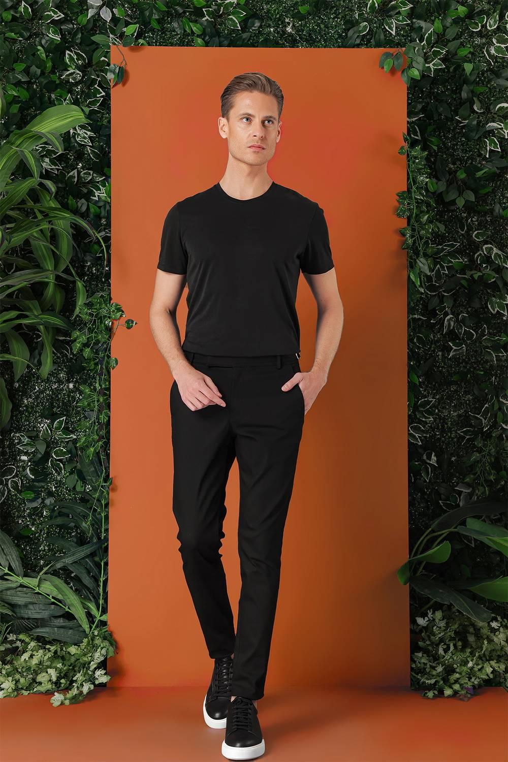 P 1152 Comfort Fit Yandan Tokalı Düz Esnek Pamuk Casuel Siyah Pantolon