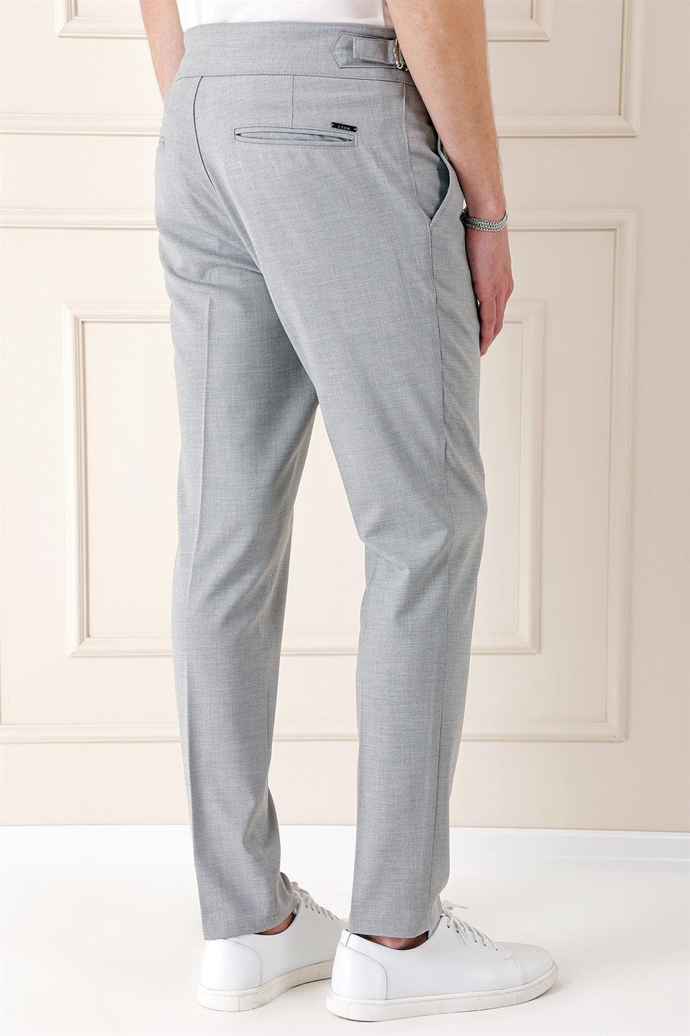 P 1153 Comfort Fit Çift Pile Yandan Tokalı Yüksek Bel Casuel Gri Pantolon