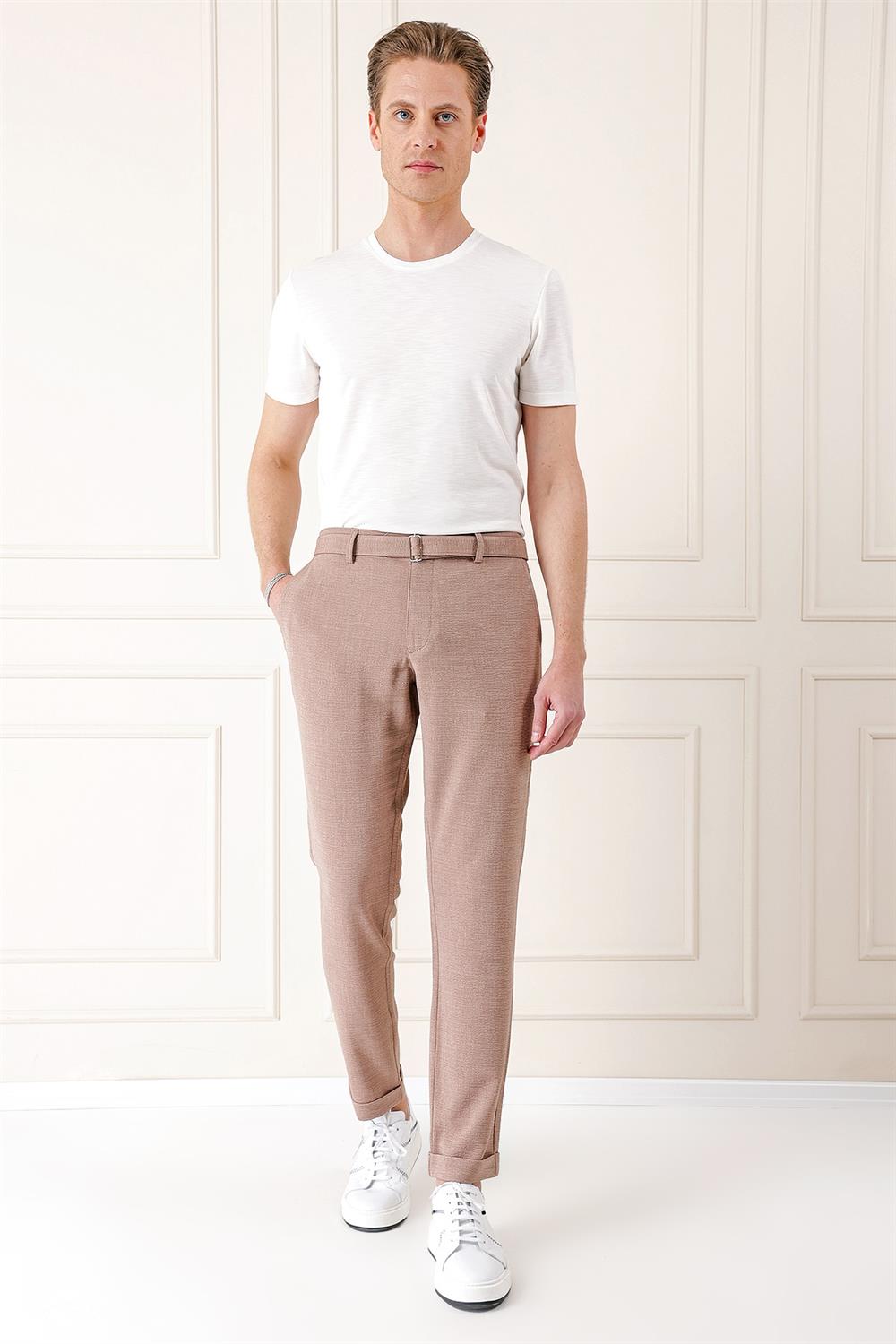 P 1154 Comfort Fit Belden Kumaş Kemerli Pamuk Bej Jogger Pantolon