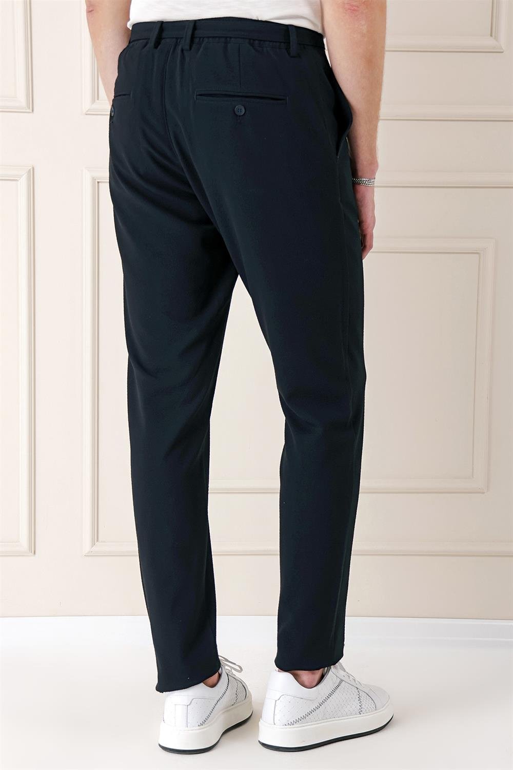 P 1154 Comfort Fit Belden Kumaş Kemerli Pamuk Lacivert Jogger Pantolon