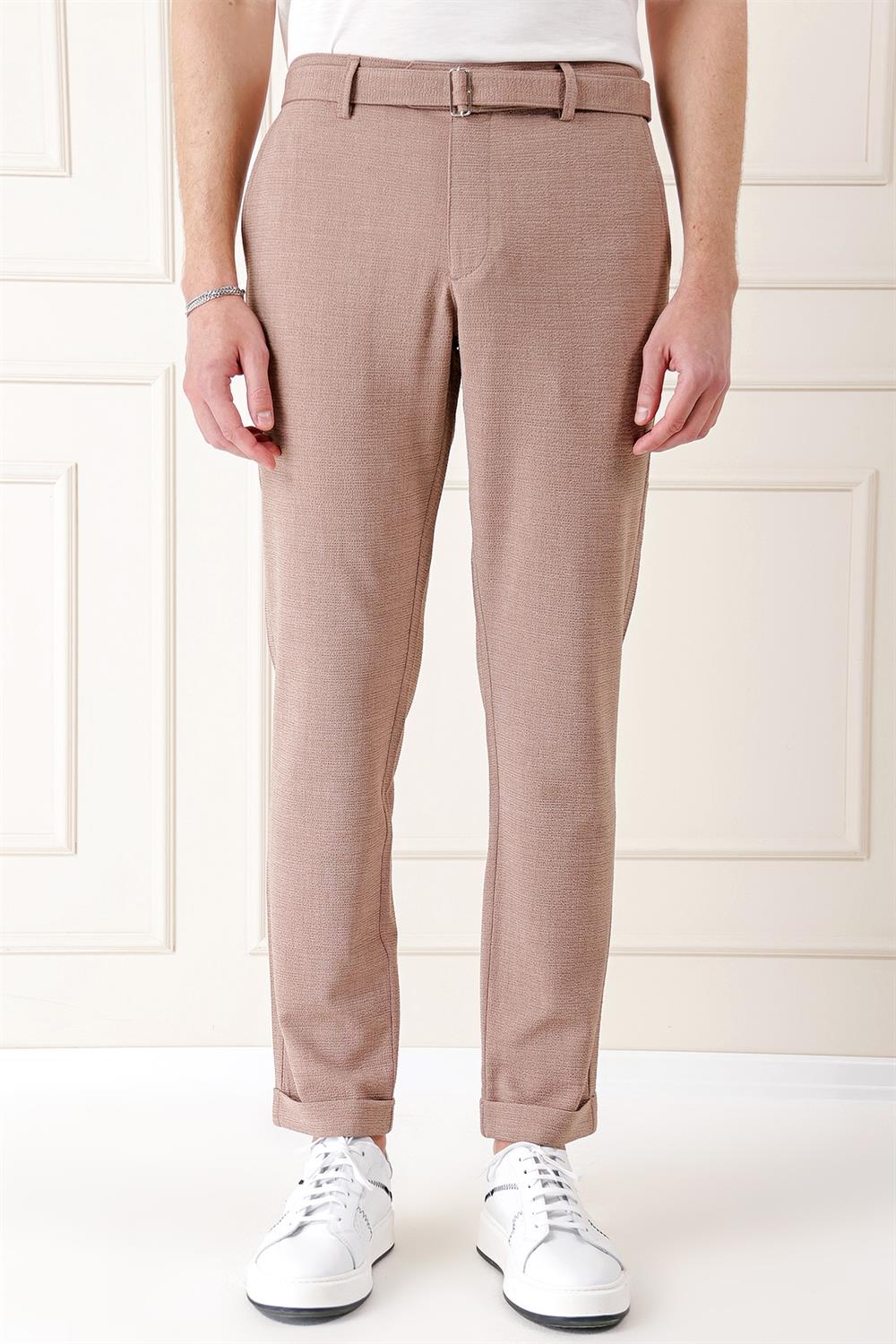 P 1154 Comfort Fit Belden Kumaş Kemerli Pamuk Bej Jogger Pantolon