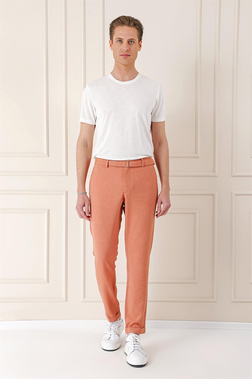 P 1154 Comfort Fit Belden Kumaş Kemerli Pamuk Oranj Jogger Pantolon