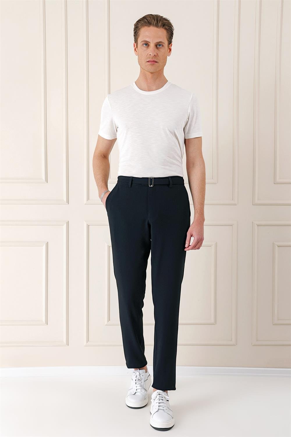 P 1154 Comfort Fit Belden Kumaş Kemerli Pamuk Lacivert Jogger Pantolon