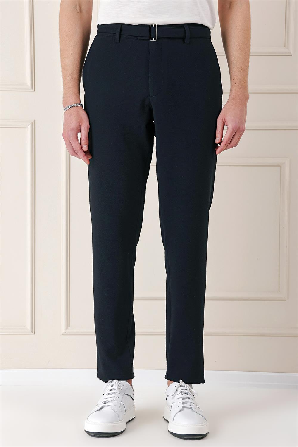 P 1154 Comfort Fit Belden Kumaş Kemerli Pamuk Lacivert Jogger Pantolon