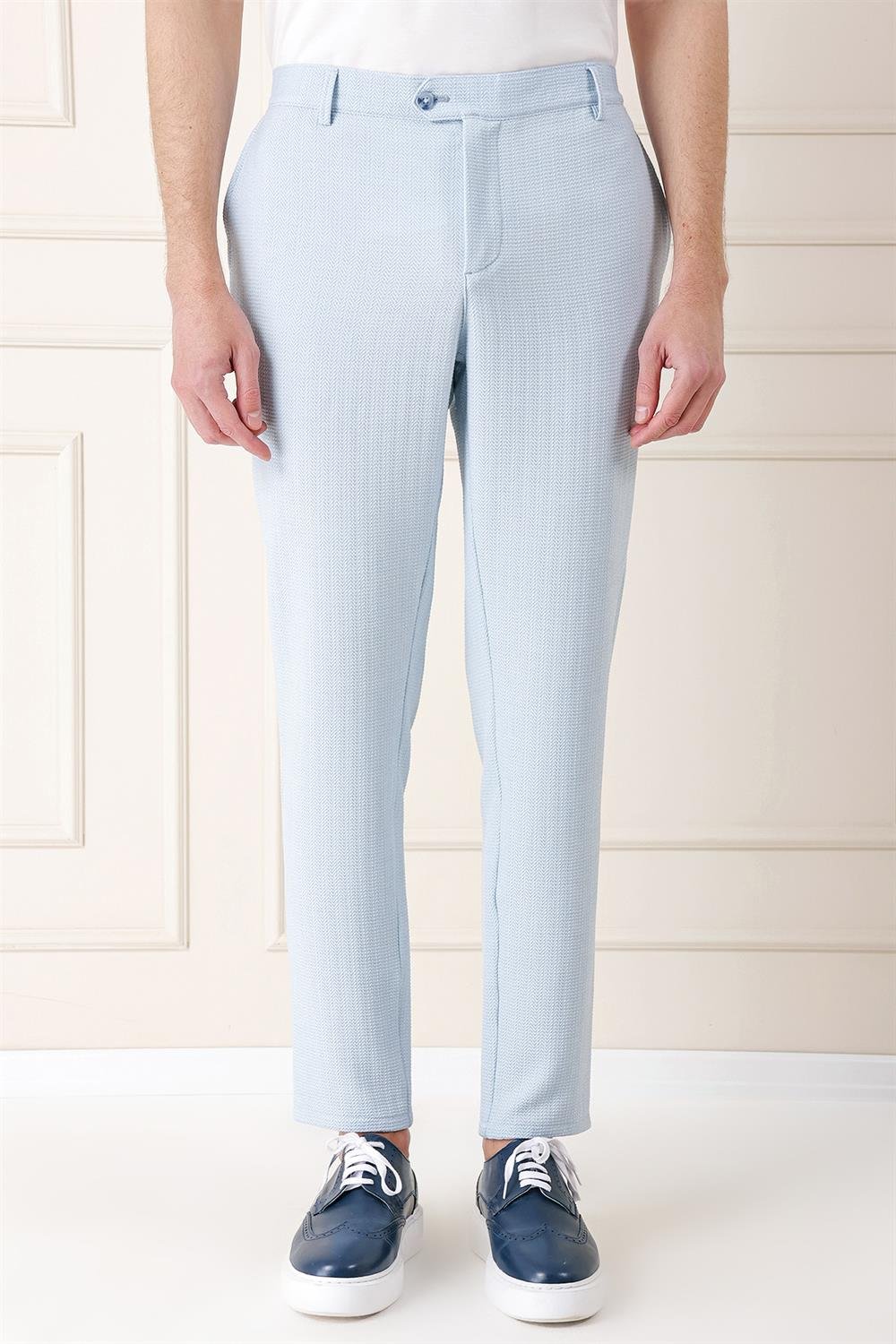 P 1155 Comfort Fit Beli Lastikli Balıksırtı Dokuma Casuel Mavi Pantolon
