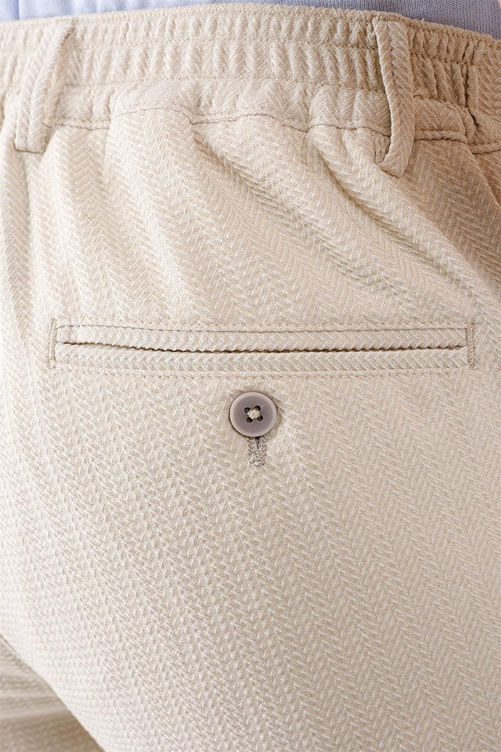 P 1155 Comfort Fit Beli Lastikli Balıksırtı Dokuma Casuel Bej Pantolon