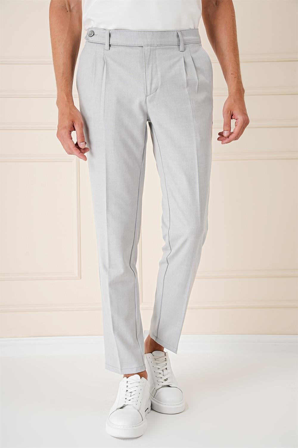 P 1158 Comfort Fit Çift Pileli Dokulu Esnek Pamuk Gri Mavi Pantolon