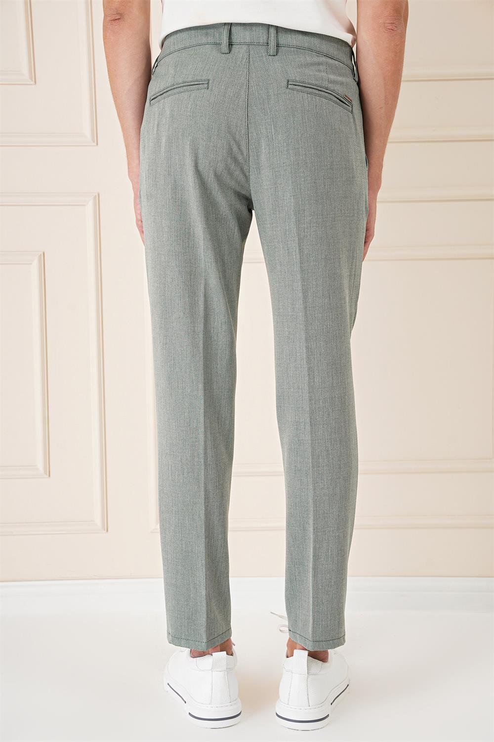 P 1158 Comfort Fit Çift Pileli Dokulu Esnek Pamuk Yeşil Pantolon