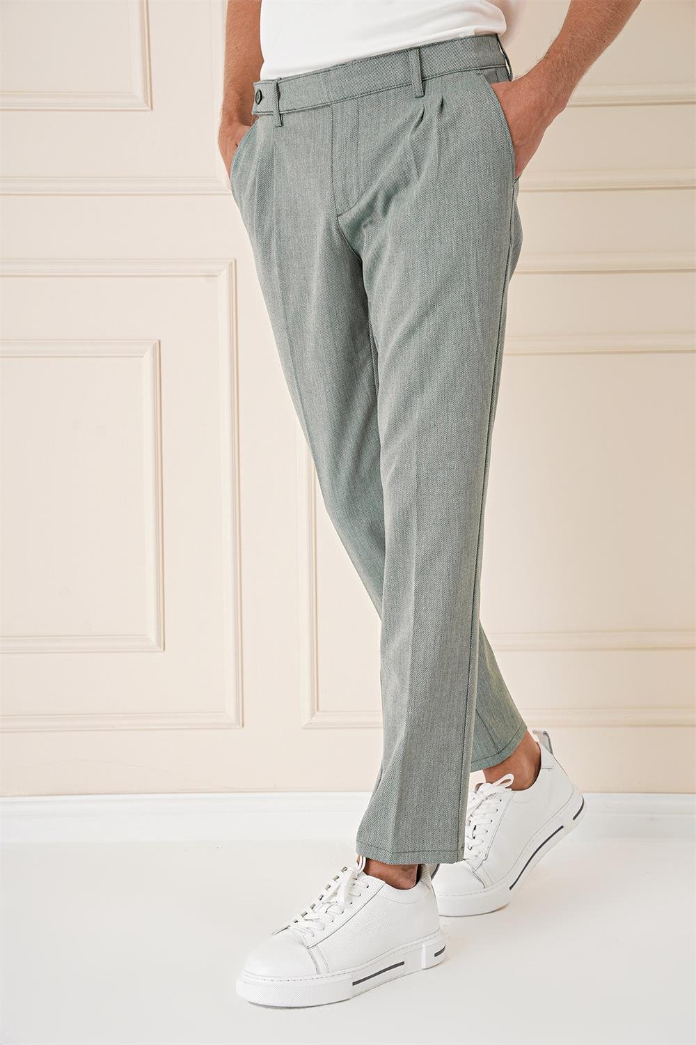 P 1158 Comfort Fit Çift Pileli Dokulu Esnek Pamuk Yeşil Pantolon