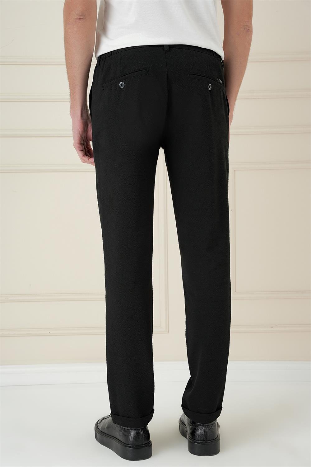 P 1174 Comfort Fit Gofre Dokulu Beli Lastikli Pileli Siyah Jogger Pantolon