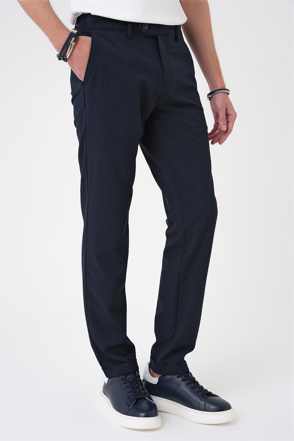 P 1177 Comfort Fit Gofre Dokulu Beli Lastikli Lacivert Jogger Pantolon