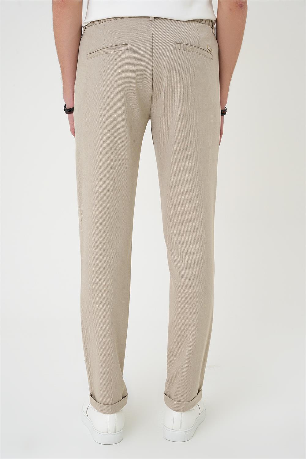 P 1182 Comfort Fit Beli Lastikli Pileli Bej Jogger Pantolon 