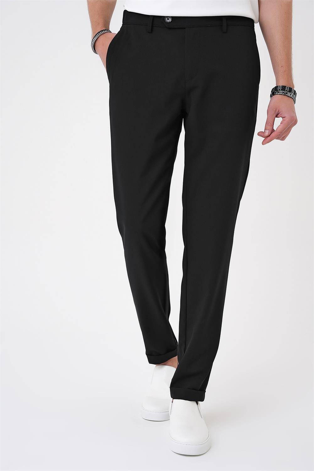 P 1184 Comfort Fit Beli Lastikli Siyah Jogger Pantolon 