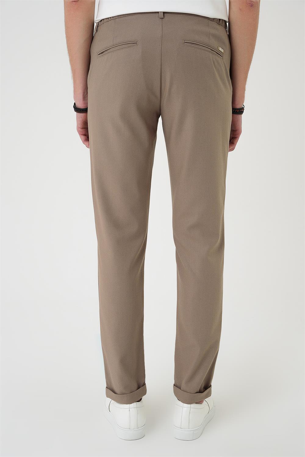 P 1186 Comfort Fit Beli Lastikli Dokulu Koyu Bej Jogger Pantolon 