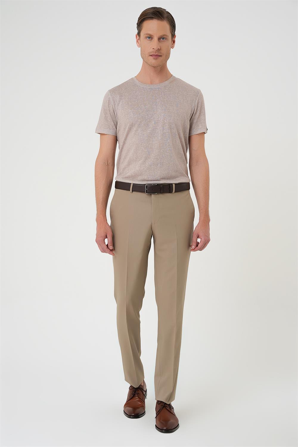 P 1191 Slim Fit Pilesiz Yün Klasik Koyu Bej Kumaş Pantolon 