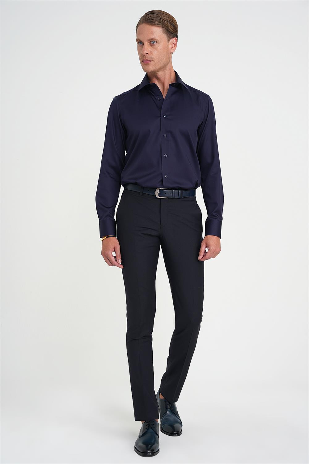 P 1191 Slim Fit Pilesiz Yün Klasik Lacivert Kumaş Pantolon 
