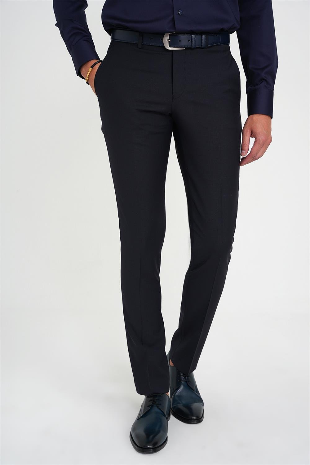 P 1191 Slim Fit Pilesiz Yün Klasik Lacivert Kumaş Pantolon 