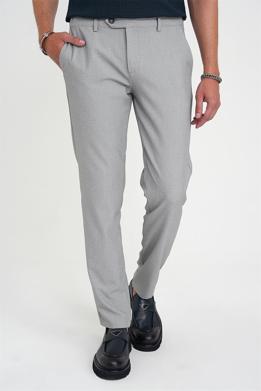 P 1192 Comfort Fit Beli Lastikli Dokulu Gri Jogger Pantolon 