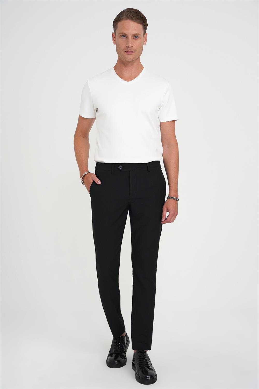 P 1192 Comfort Fit Beli Lastikli Dokulu Siyah Jogger Pantolon 