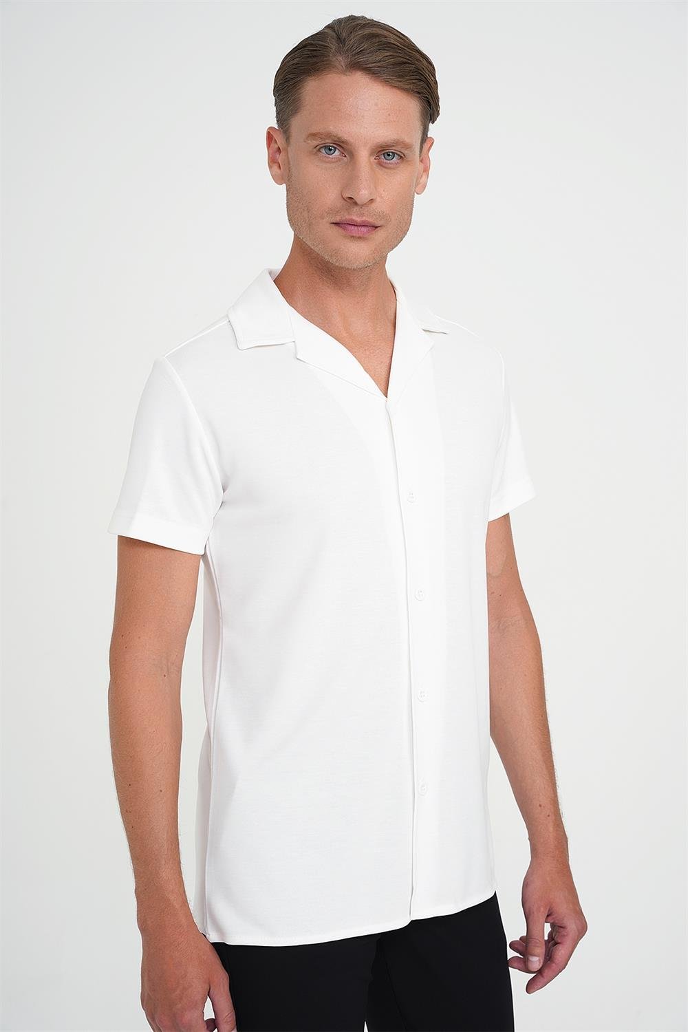 Slim Fit Apaş Yaka Modal Karışımlı Kısa Kol Beyaz Gömlek G 1590