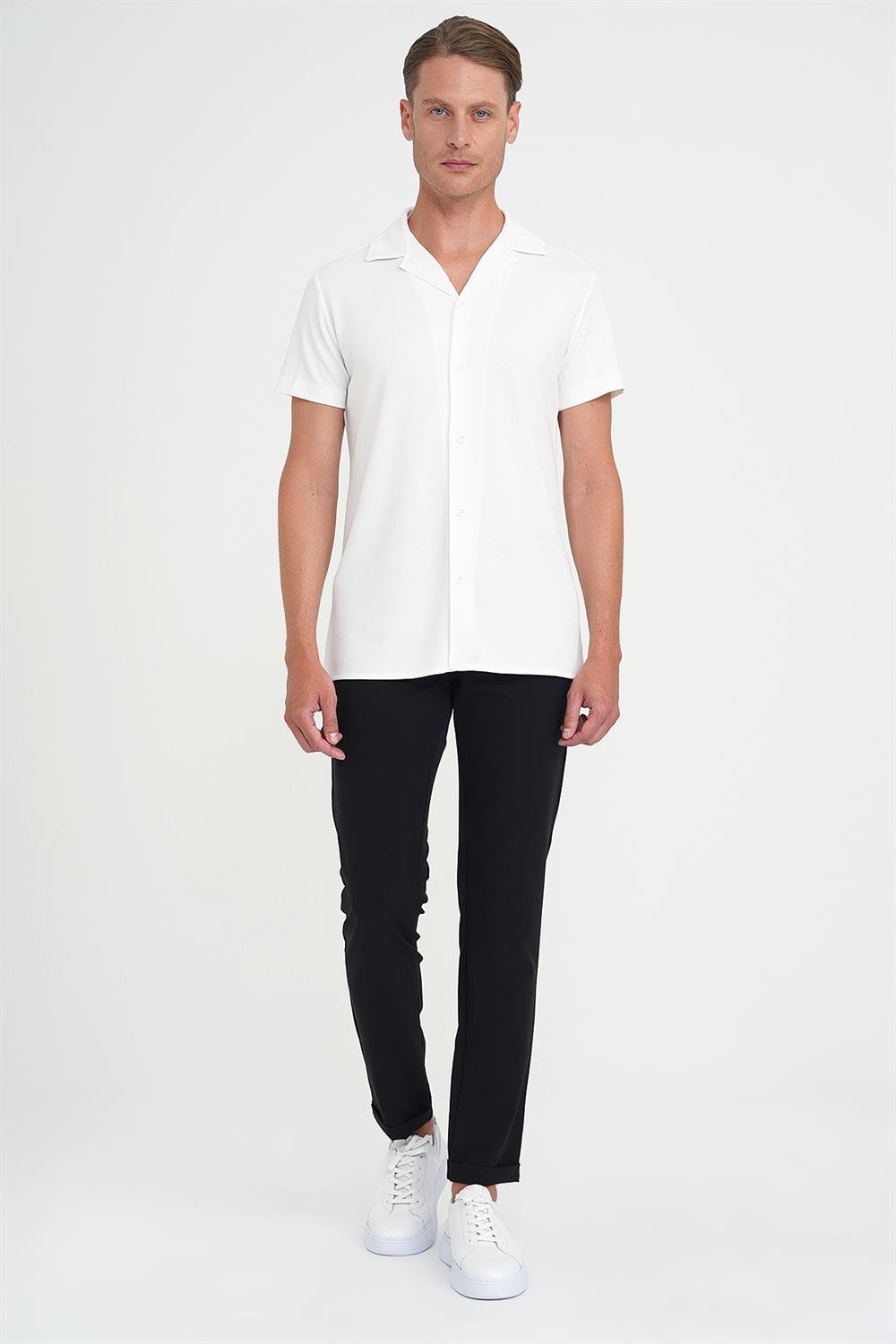 Slim Fit Apaş Yaka Modal Karışımlı Kısa Kol Beyaz Gömlek G 1590