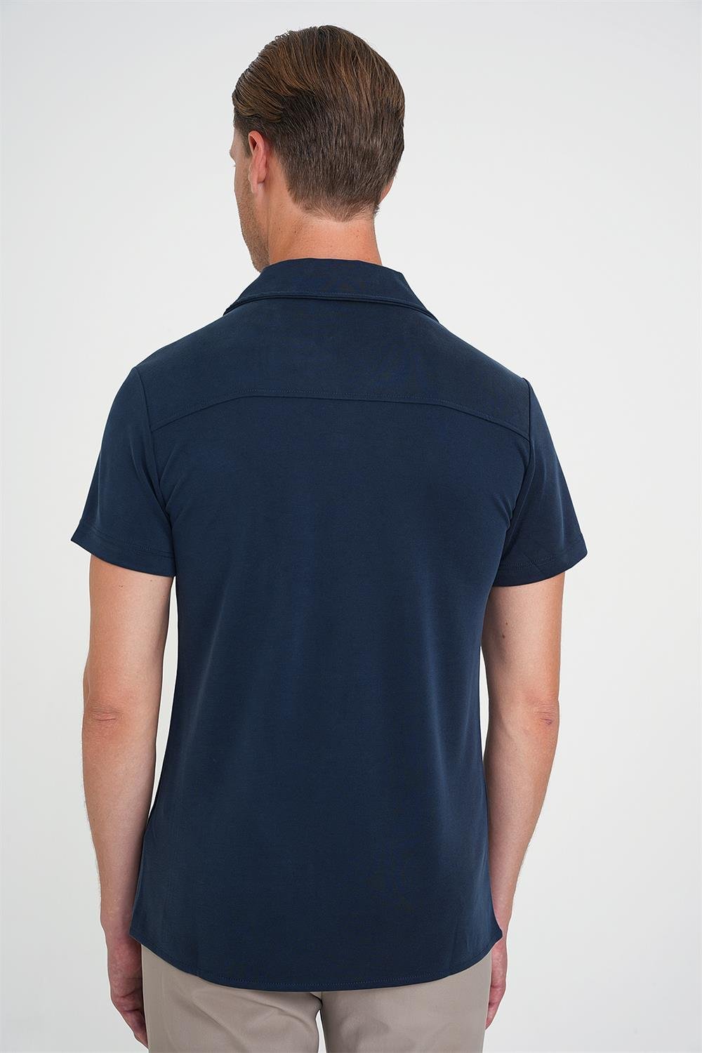 Slim Fit Apaş Yaka Modal Karışımlı Kısa Kol Lacivert Gömlek G 1590