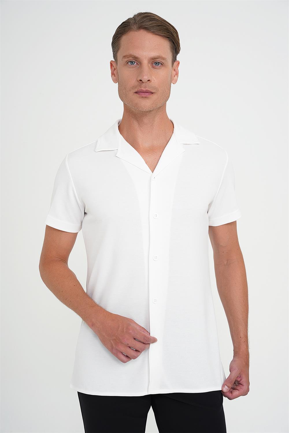 Slim Fit Apaş Yaka Modal Karışımlı Kısa Kol Beyaz Gömlek G 1590