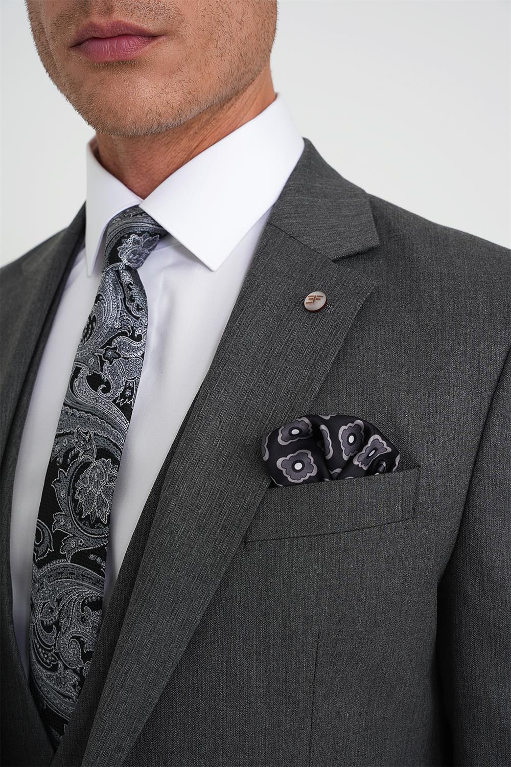 Slim Fit Çift Yırtmaç Balıksırtı Desenli Yelekli Füme Takım Elbise Tk 923