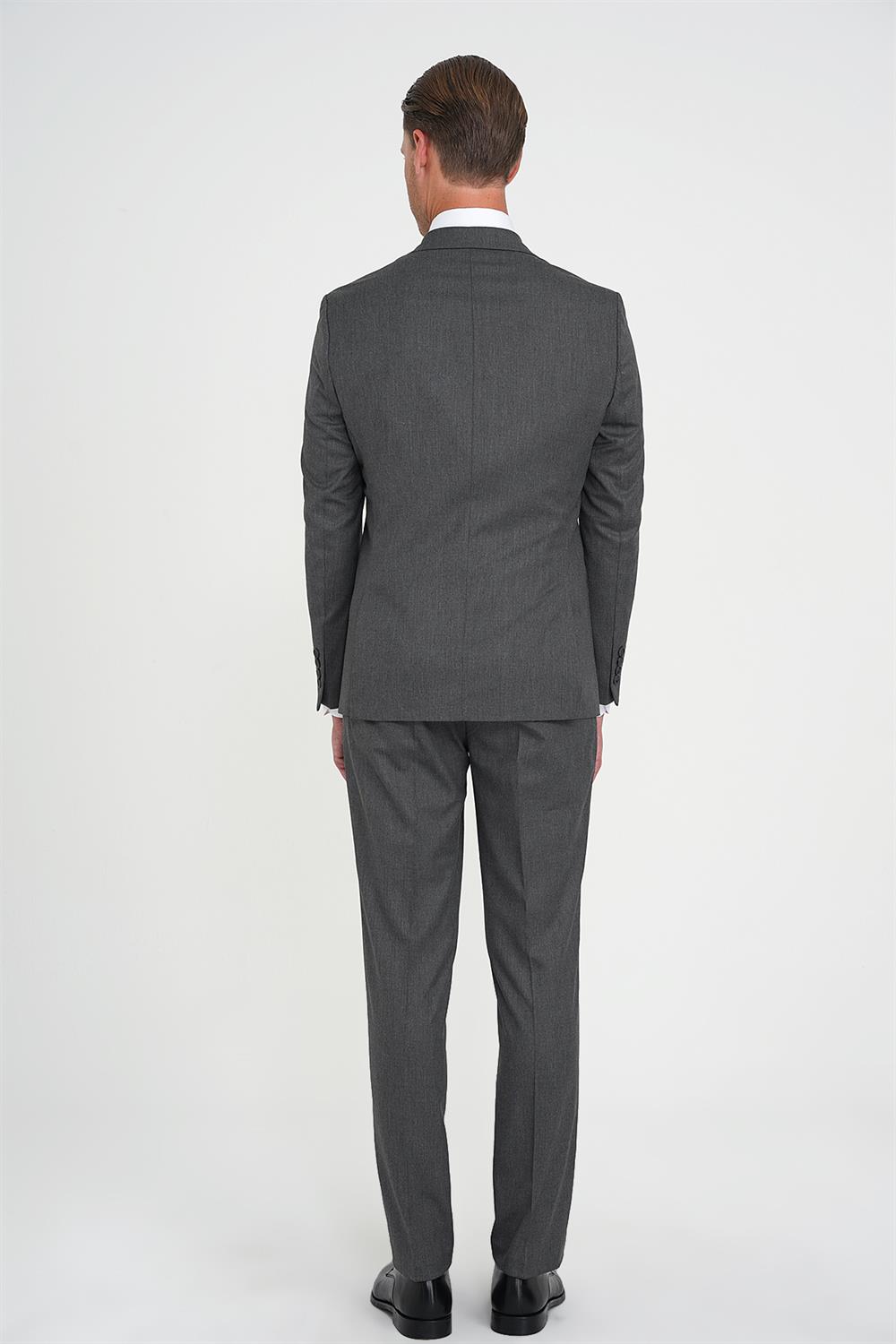 Slim Fit Çift Yırtmaç Balıksırtı Desenli Yelekli Füme Takım Elbise Tk 923
