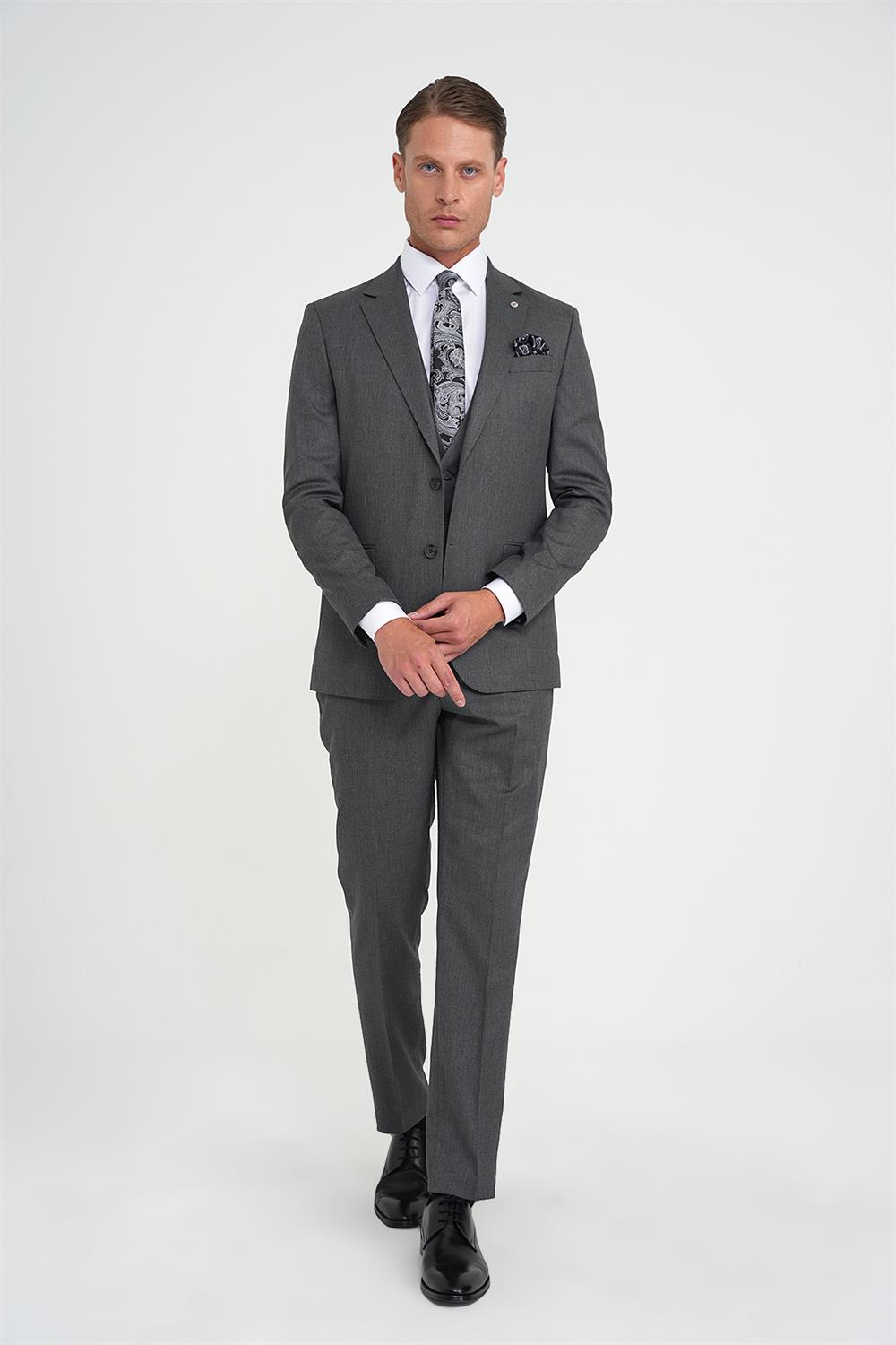 Slim Fit Çift Yırtmaç Balıksırtı Desenli Yelekli Füme Takım Elbise Tk 923