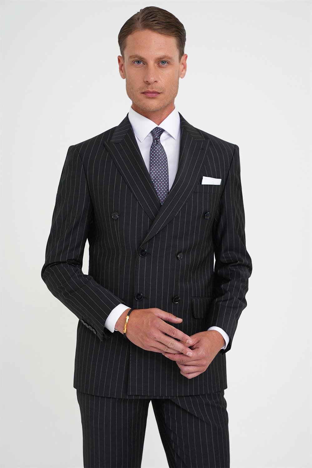 Slim Fit Çift Yırtmaç Çizgili Kruvaze Klasik Antrasit Takım Elbise Tk 925