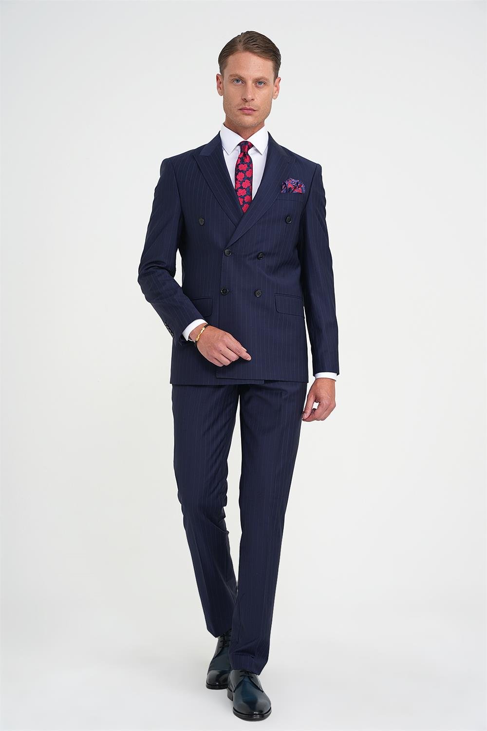 Slim Fit Çift Yırtmaç Çizgili Kruvaze Klasik Lacivert Takım Elbise Tk 925