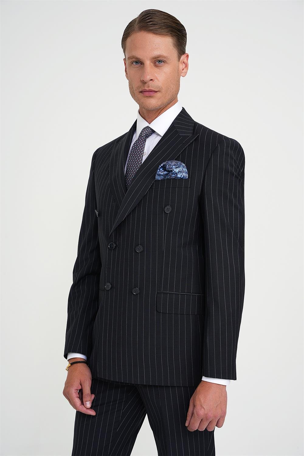 Slim Fit Çift Yırtmaç Çizgili Kruvaze Klasik Koyu Lacivert Takım Elbise Tk 925
